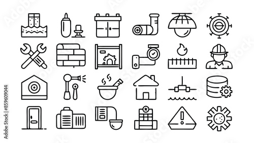 Set of 60 outline icons related to plumbing, heating, ventilation, construction, renovation. Linear icon collection. Editable stroke. Vector illustration