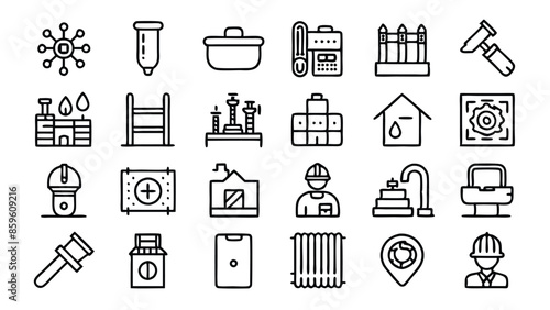 Set of 60 outline icons related to plumbing, heating, ventilation, construction, renovation. Linear icon collection. Editable stroke. Vector illustration