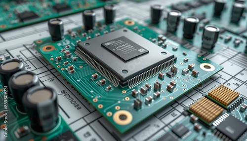 This image depicts a green circuit board featuring a central processing unit prominently in the center surrounded by intricate electronic components
