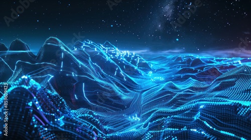 Cyber networks and technology on a futuristic terrain with blue neon lights