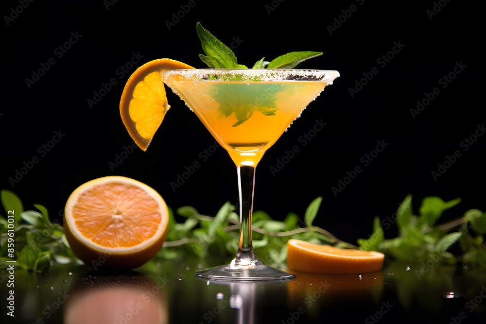 Refreshing lemon cocktail with rosemary garnish served in a martini glass. Refreshing lemon cocktail with rosemary garnish served in a martini glass.