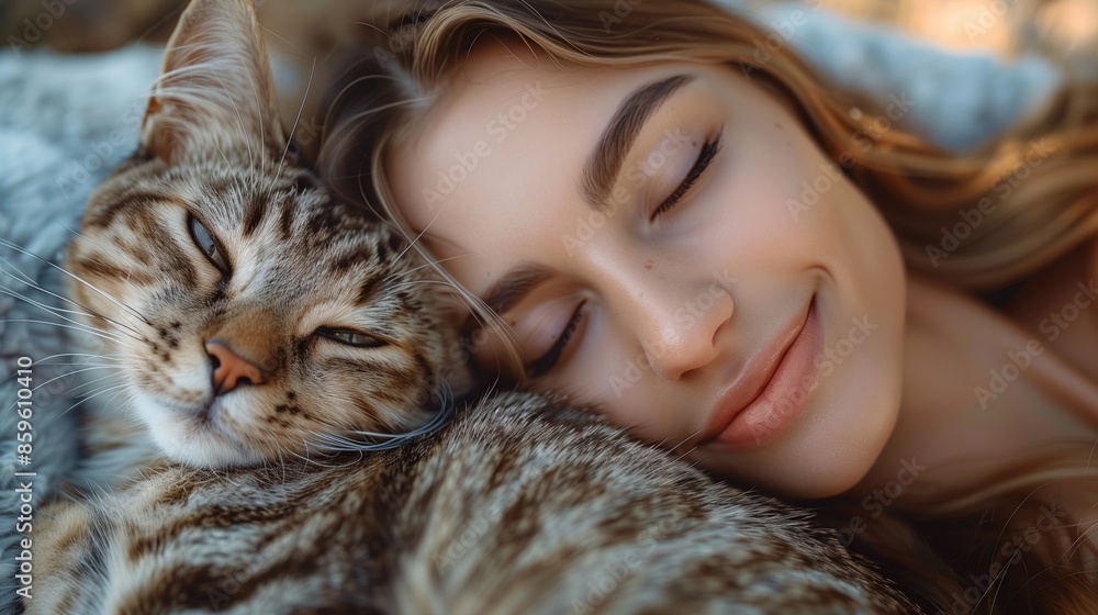 Beautiful woman with her cat, smiling and napping together, indoor background. Beautiful woman with her cat, smiling and napping together, indoor background.