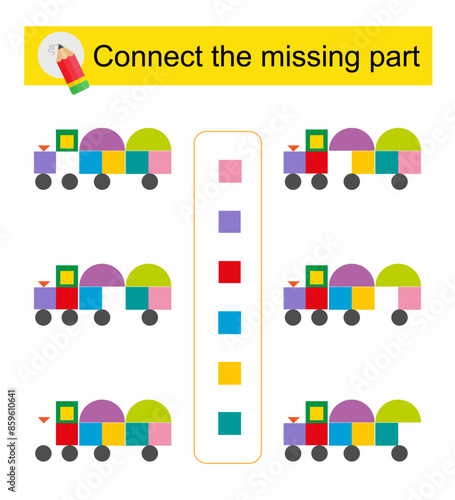 Connect the missing part. Task for the development of attention and logic. Cartoon train.