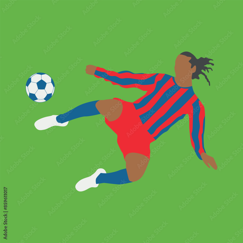 Fototapeta premium Card with football player and ball on green background.