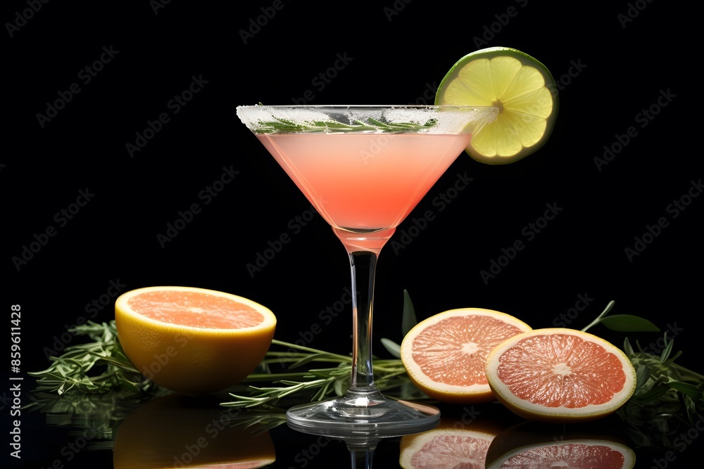 Fototapeta premium Refreshing lemon cocktail with rosemary garnish served in a martini glass.