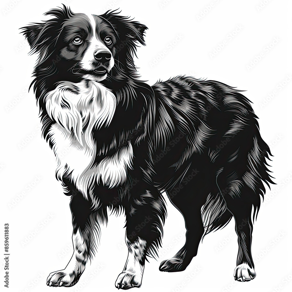 Obraz premium A black and white drawing of a Border Collie dog