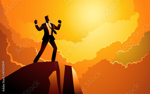 Businessman atop a rock in an excited pose, set against a backdrop of dramatic clouds and sunlight, for motivational content, conveys themes of triumph, ambition, and reaching new height