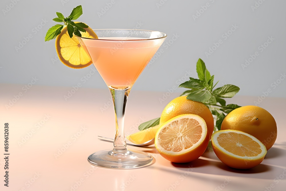 Fototapeta premium Refreshing lemon cocktail with rosemary garnish served in a martini glass.
