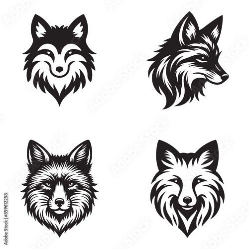 Set of fox head silhouette vector art style illustration for tattoo