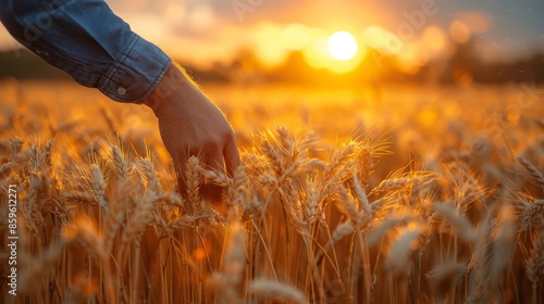 A hand brushing through tall wheat stalks in a golden field at sunrise