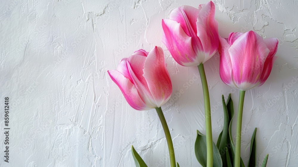 Spring themed background with three pink tulips on white wall Spring themed background with three pink tulips on white wall