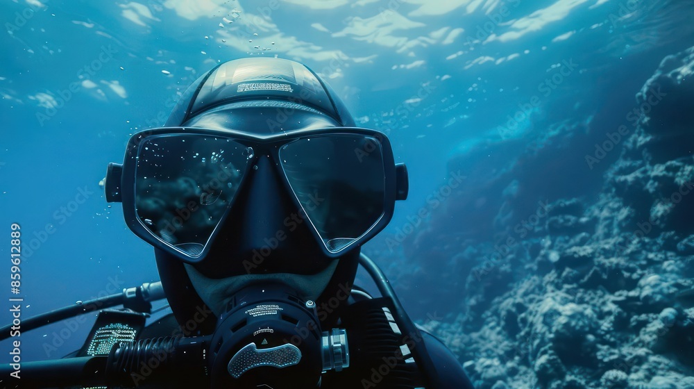 Futuristic diving mask with integrated HUD headsup display and realtime underwater navigation Futuristic diving mask with integrated HUD headsup display and realtime underwater navigation