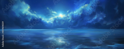 Starry Night Seascape in Blue Tones - Digital Art Landscape