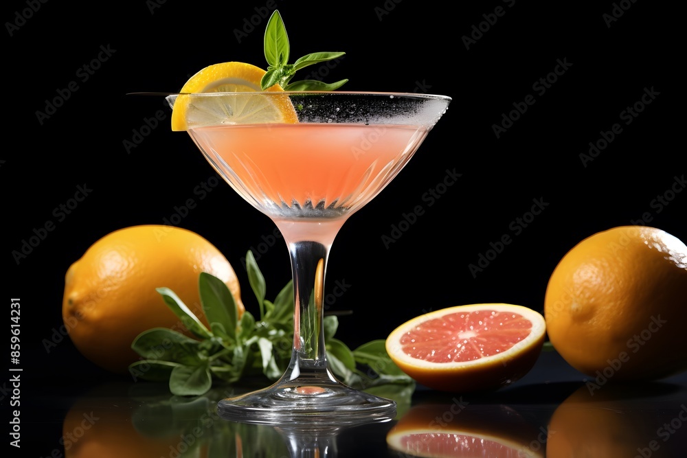 Refreshing lemon cocktail with rosemary garnish served in a martini glass. Refreshing lemon cocktail with rosemary garnish served in a martini glass.