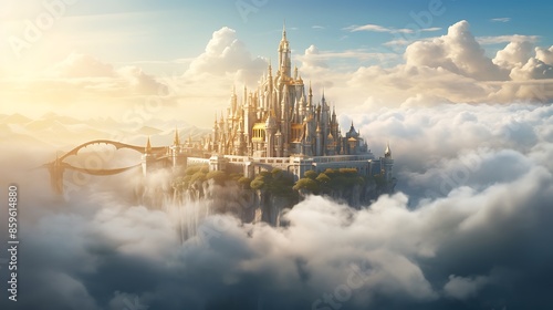A stunning castle with golden spires, surrounded by a misty, enchanted landscape.