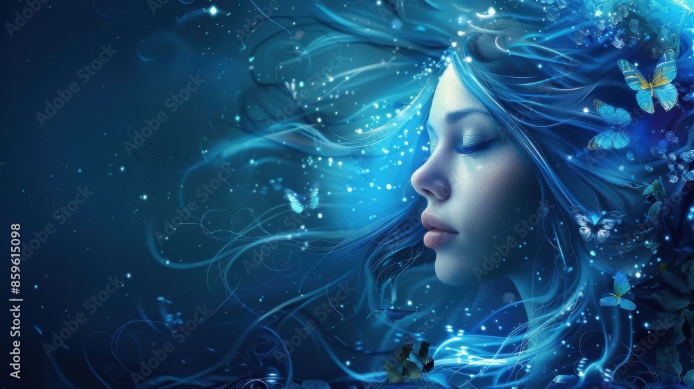 A woman with long blue hair and butterfly wings A woman with long blue hair and butterfly wings