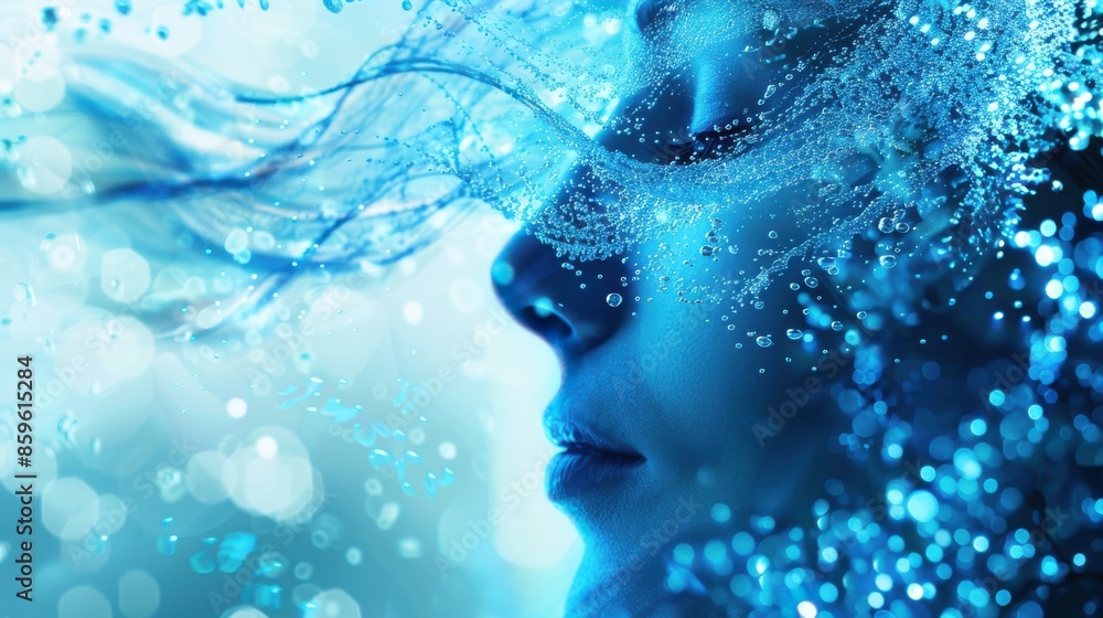 A woman in a blue dress is floating in the water A woman in a blue dress is floating in the water