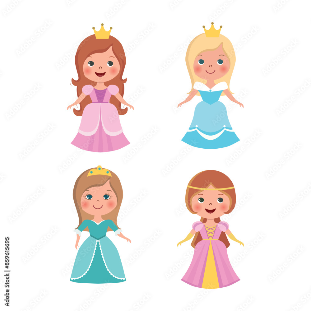 Card with cartoon little princesses and colourful dresses. Card with cartoon little princesses and colourful dresses.