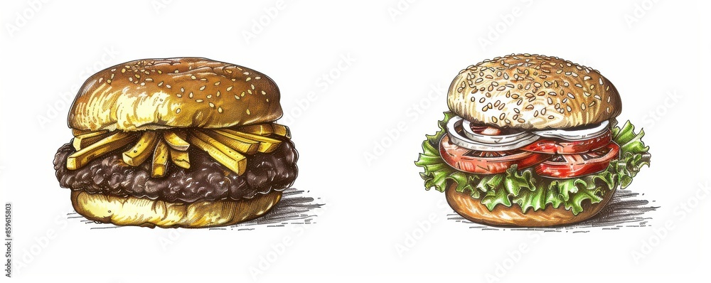 Artistic sketch of a burger with lettuce, tomato, and cheese, accompanied by a pile of French fries. Classic fast-food illustration. Artistic sketch of a burger with lettuce, tomato, and cheese, accompanied by a pile of French fries. Classic fast-food illustration.