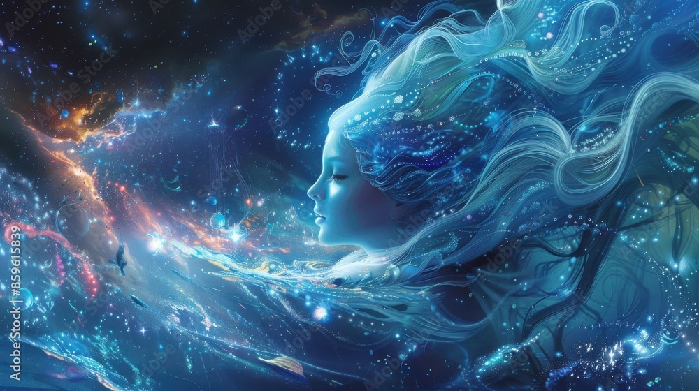 A woman with long blue hair is floating in space A woman with long blue hair is floating in space