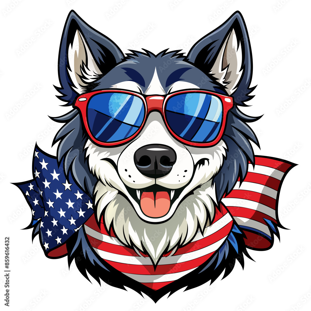 Black and White Illustration of a Smiling Dog Wearing Patriotic American Flag Sunglasses Black and White Illustration of a Smiling Dog Wearing Patriotic American Flag Sunglasses