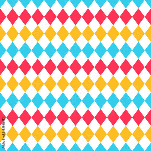 lozenge backgrounds. Circus seamless pattern. Checkered diamond textures. Yellow, blue, red rhombus plaid prints. Modern argyle geometric backdrops. Vector illustration.