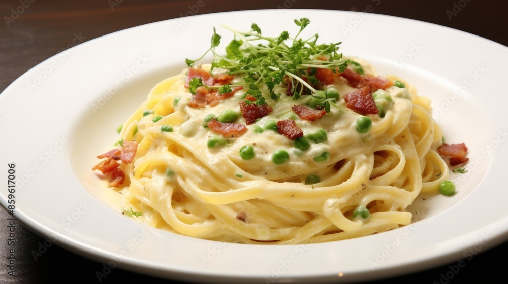 A plate of spaghetti with bacon and parsley on top A plate of spaghetti with bacon and parsley on top