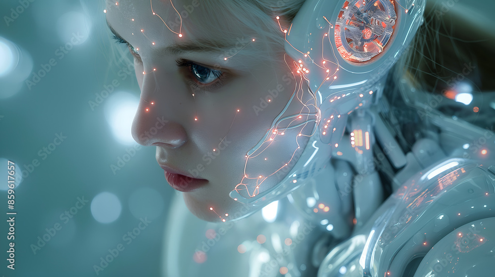 Face of AI powered futuristic female robot Face of AI powered futuristic female robot