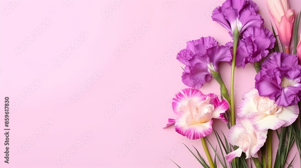 A bouquet of vibrant pink, purple, and white carnation flowers against a pink background A bouquet of vibrant pink, purple, and white carnation flowers against a pink background