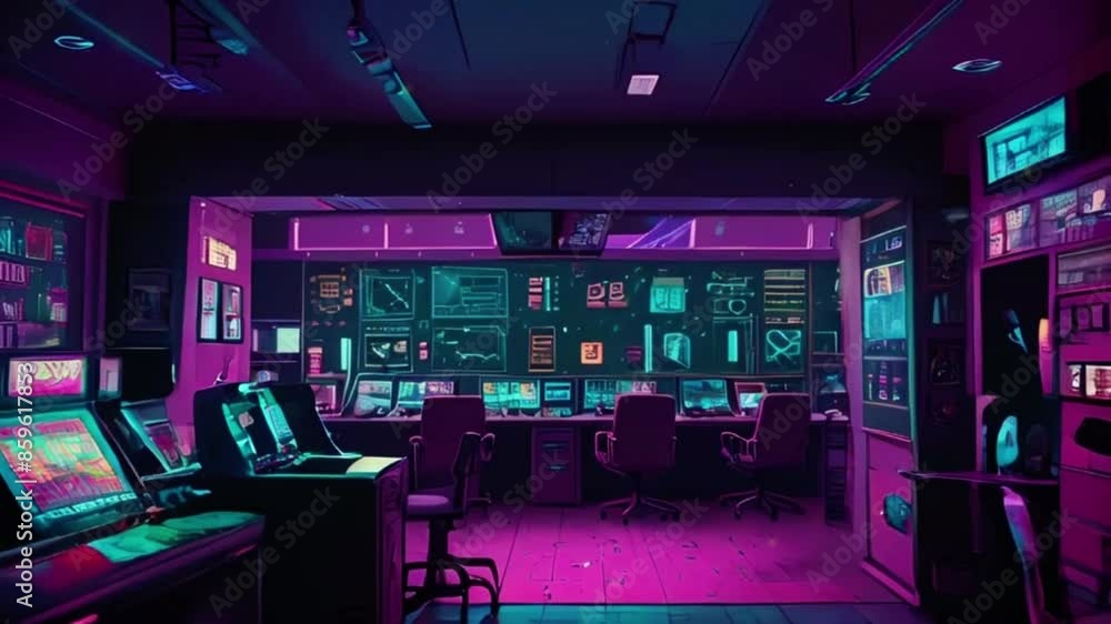 An office resembling an 80s arcade, with multiple screens showing code interspersed with retro game graphics and high-score tables, zoom OBS, anime chill hip hop. Cyan purple colours manga style An office resembling an 80s arcade, with multiple screens showing code interspersed with retro game graphics and high-score tables, zoom OBS, anime chill hip hop. Cyan purple colours manga style