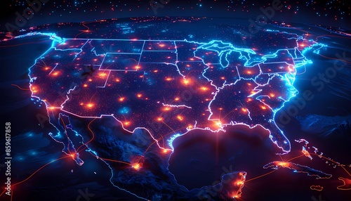 Digital Evolution: Advancing 5G Networks in North America, digital map highlighting major cities and regions in North America lit up with 5G signals, telecommunications infrastructure © mh.desing