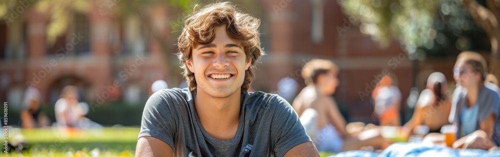 A young man smiles for the camera while sitting on a grassy lawn with other college students A young man smiles for the camera while sitting on a grassy lawn with other college students