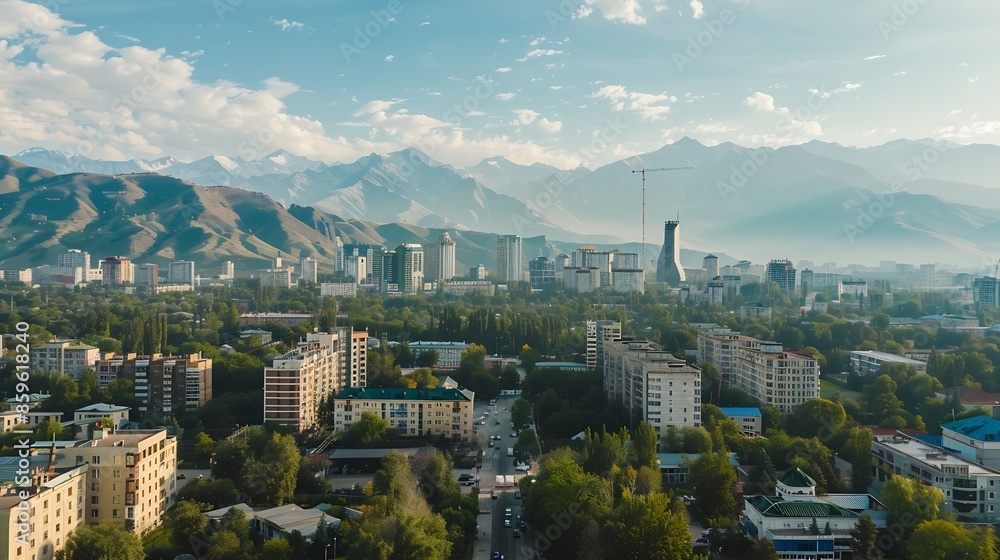 Fototapeta premium 03 August 2023 Almaty Kazakhstan The landscape of the city of Almaty from a height Aerial photography of the city Modern buildings old buildings and high mountains : Generative AI