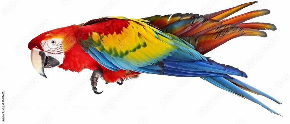 Fototapeta premium A colorful parrot with vibrant feathers and an alert expression stands out against a white background, showcasing the beauty of avian wildlife.