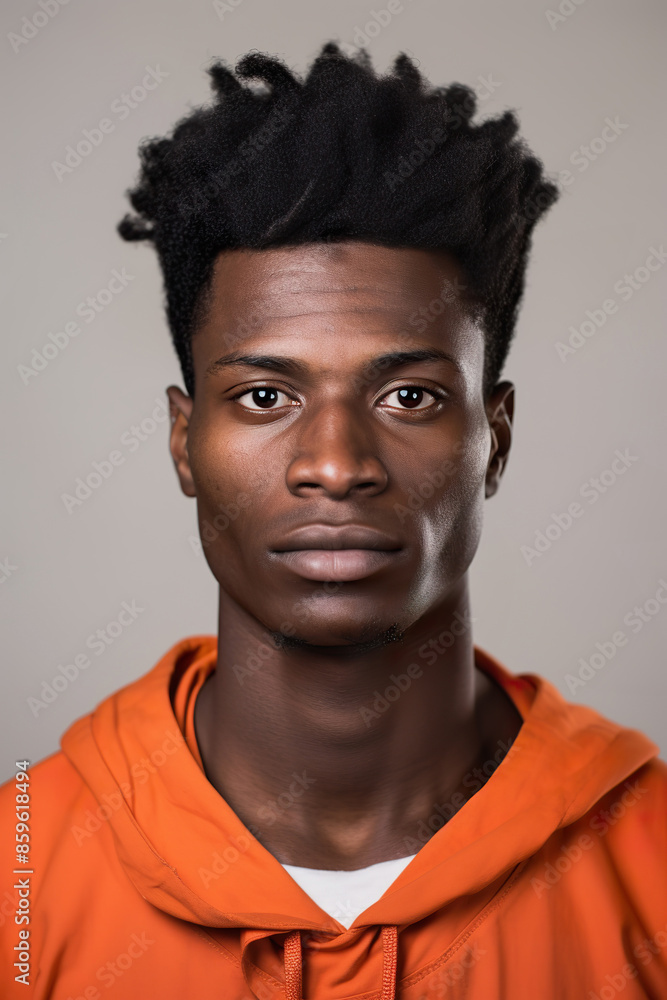 Prison mugshot of young African American man in orange jumpsuit Prison mugshot of young African American man in orange jumpsuit