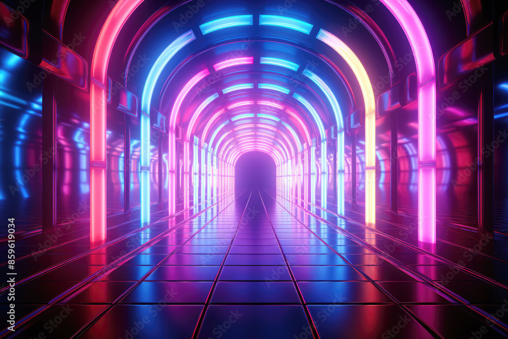 generated illustration of tunnel, neon light abstract background, round arcade, portal. generated illustration of tunnel, neon light abstract background, round arcade, portal.
