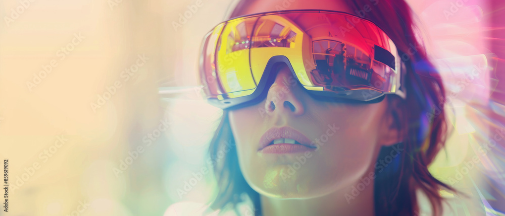 A young woman wearing futuristic large-lensed glasses gazes ahead, bathed in vibrant, colorful light. A young woman wearing futuristic large-lensed glasses gazes ahead, bathed in vibrant, colorful light.