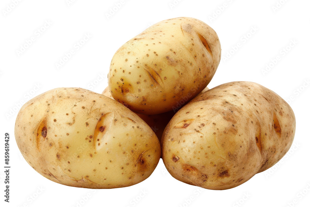 Three fresh potatoes isolated on a white background. Perfect for food-related designs, recipes, and culinary stock photos. Three fresh potatoes isolated on a white background. Perfect for food-related designs, recipes, and culinary stock photos.