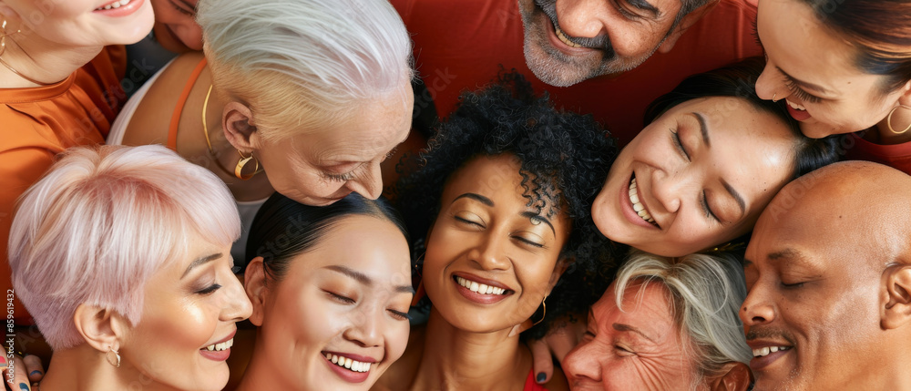 An inclusive group of people comes together in a top-down view, their expressions bright with joy and camaraderie. An inclusive group of people comes together in a top-down view, their expressions bright with joy and camaraderie.