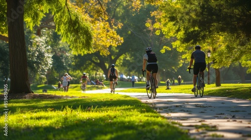Fototapeta Naklejka Na Ścianę i Meble -  Cyclists riding through a lush, green park