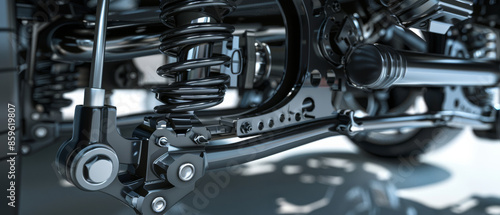 Close-up view of a car's suspension system showcasing detailed, intricate machinery parts in a clean industrial setting. © Ai Studio