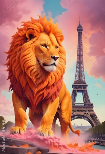 Orange Dutch lion standing in front of the France eiffeltower