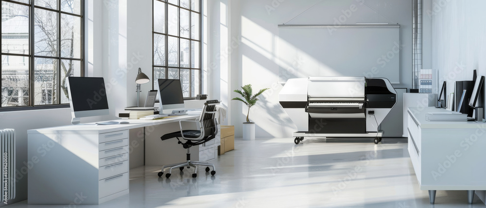 A sleek, modern office space bathed in natural light with large windows, minimalist desks, sleek computers, and a large printer; a tranquil and productive environment. A sleek, modern office space bathed in natural light with large windows, minimalist desks, sleek computers, and a large printer; a tranquil and productive environment.