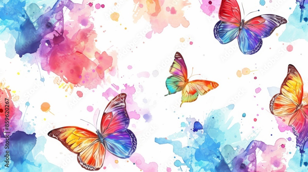 Obraz premium Pattern of colorful butterflies and watercolor stains