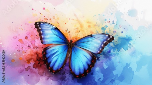 Bright blue Morpho butterfly on a background of a watercolor painting © AlfaSmart
