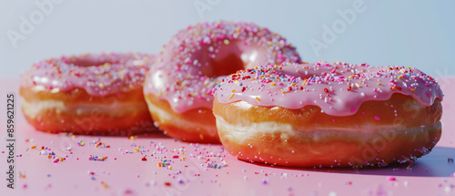 Three pink-glazed donuts topped with colorful sprinkles sit appealingly on a matching pink surface, tempting the taste buds. photo