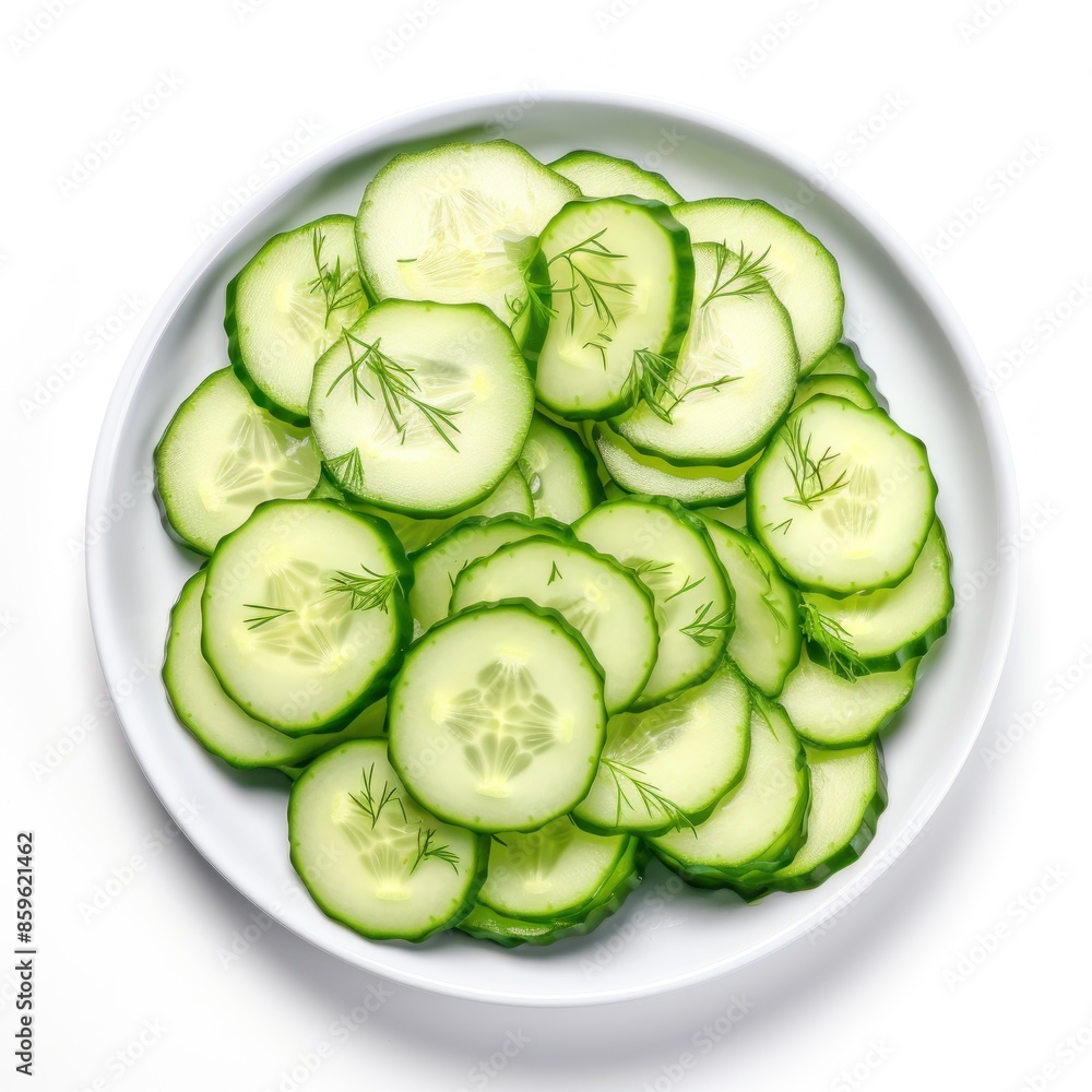 Top view on dish with slices of cucumber isolated on white background. Top view on dish with slices of cucumber isolated on white background.