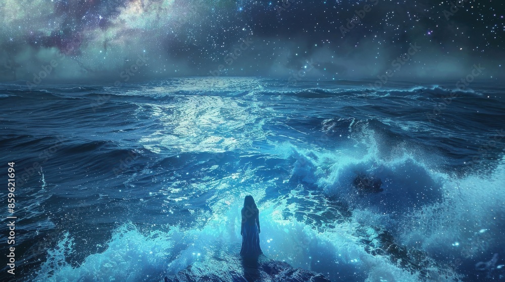 Fototapeta premium A woman is standing on a rocky shoreline in the ocean