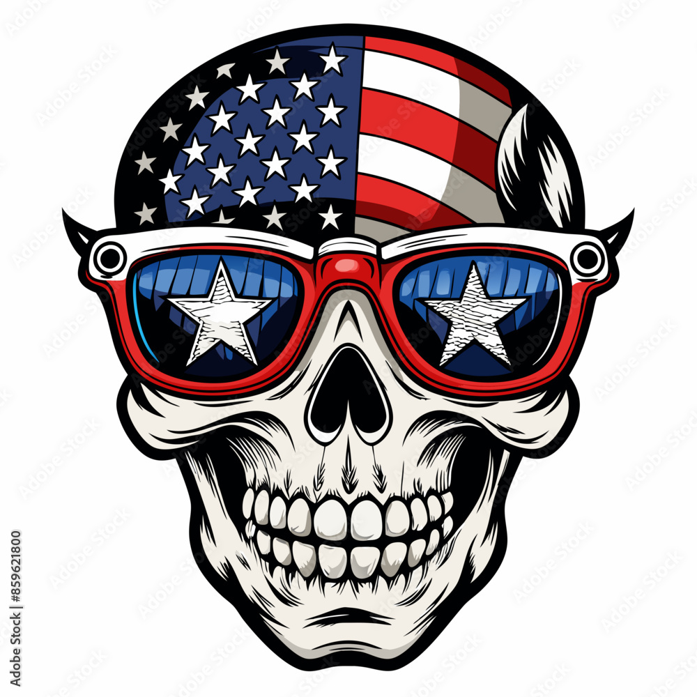 Black and White Illustration of a Smiling Skull Wearing Patriotic American Flag Sunglasses Black and White Illustration of a Smiling Skull Wearing Patriotic American Flag Sunglasses
