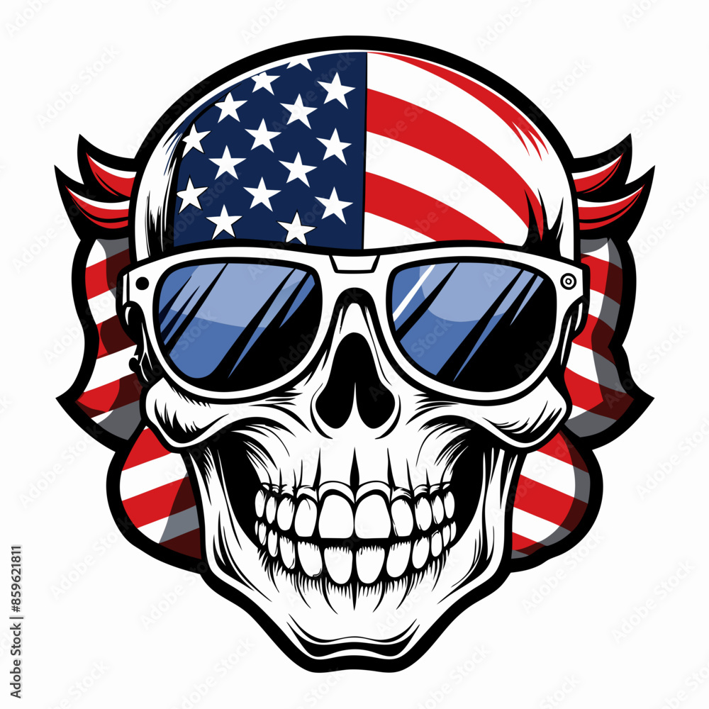 Fototapeta premium Black and White Illustration of a Smiling Skull Wearing Patriotic American Flag Sunglasses